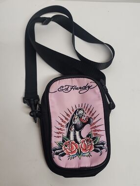 Ed Hardy Pink Crossbody Pouch with Panther & Rose Design Minimalist Organizer